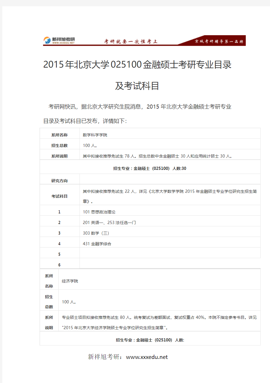 2015年北京大学025100金融硕士考研专业目录及考试科目