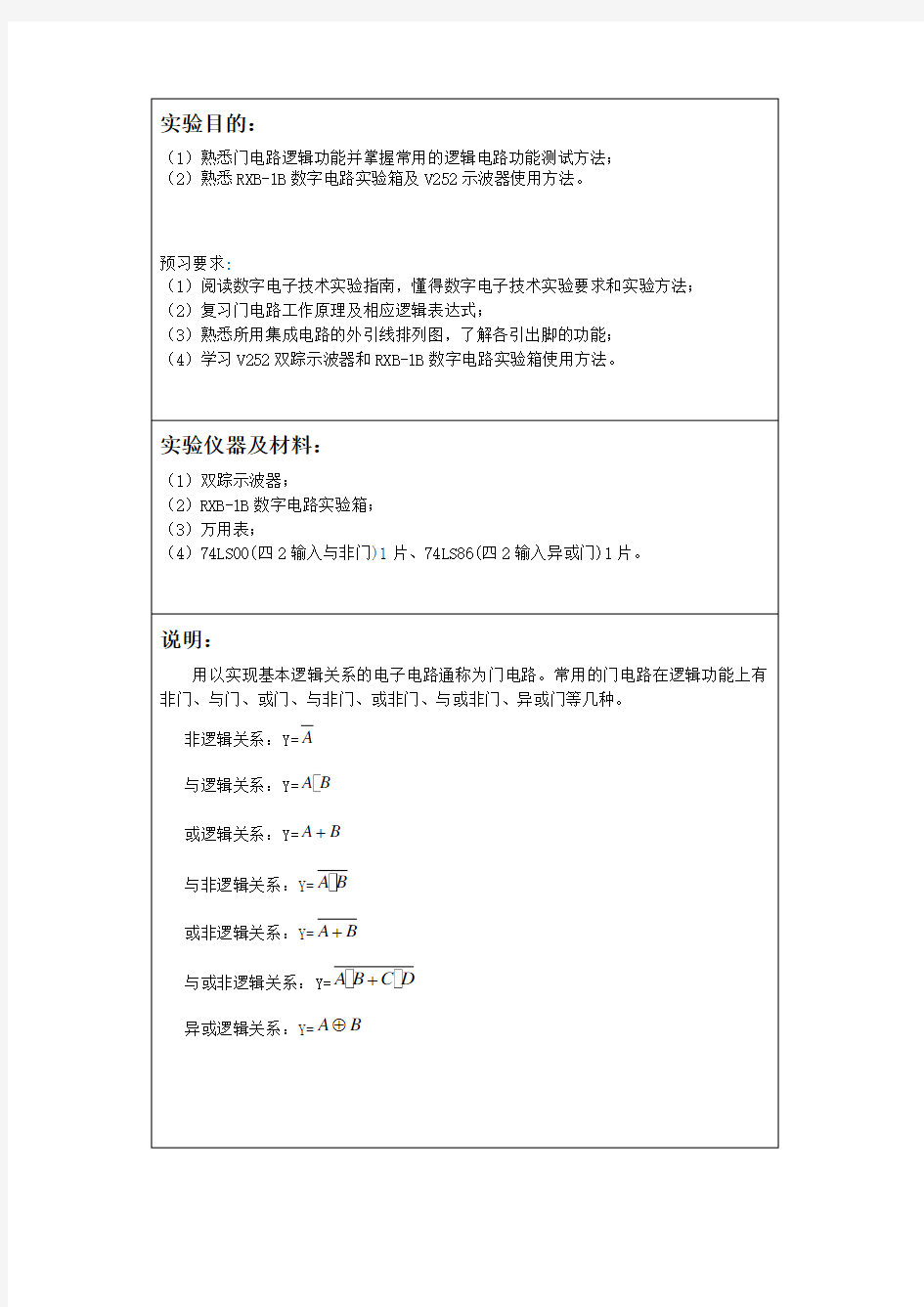 数字电路实验一_异或门_与非门实验报告_深圳大学