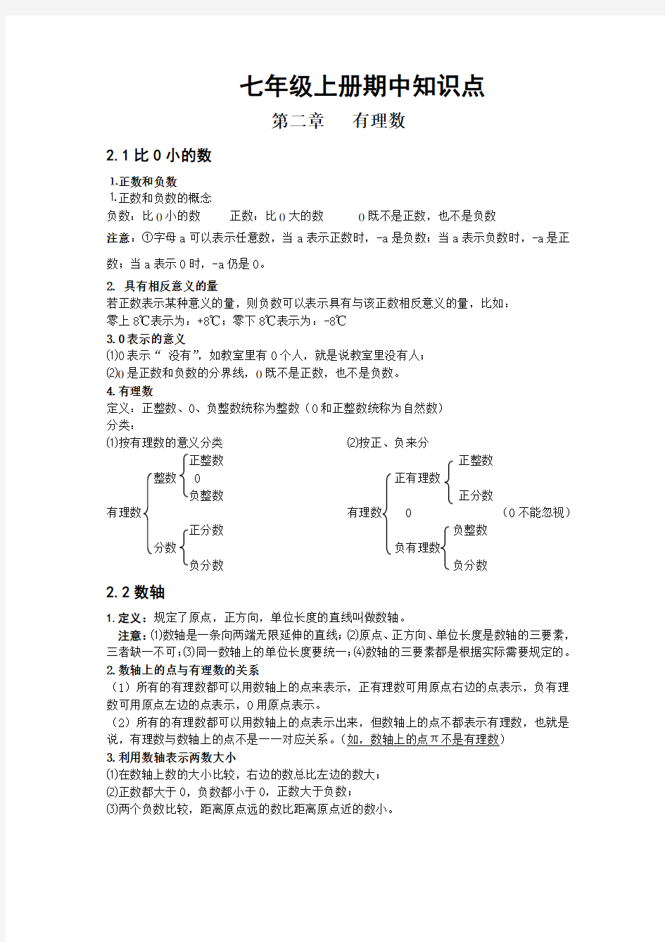 苏教版七年级上数学期中复习知识点