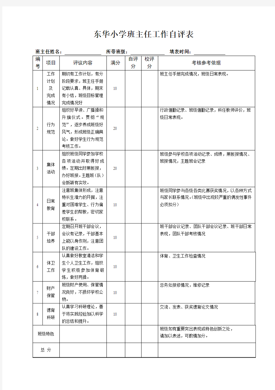 班主任工作自评表