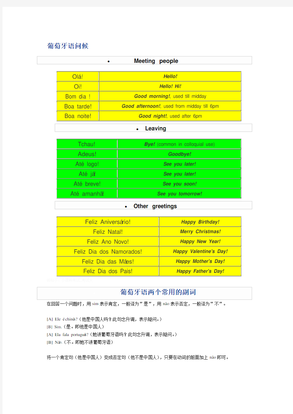 葡萄牙语问候,语法