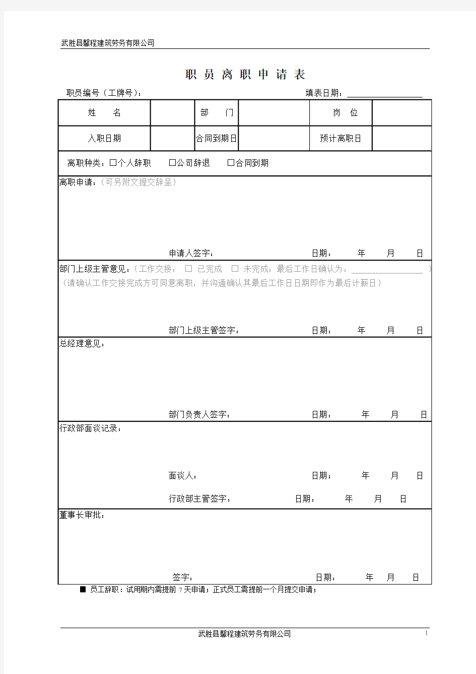 员工离职申请表(交接表)