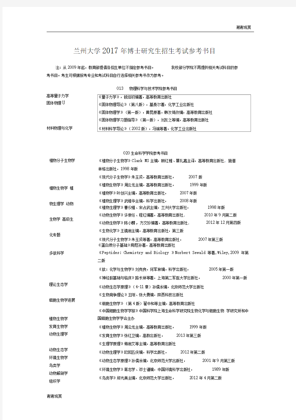 兰州大学2017年博士研究生招生考试参考书目