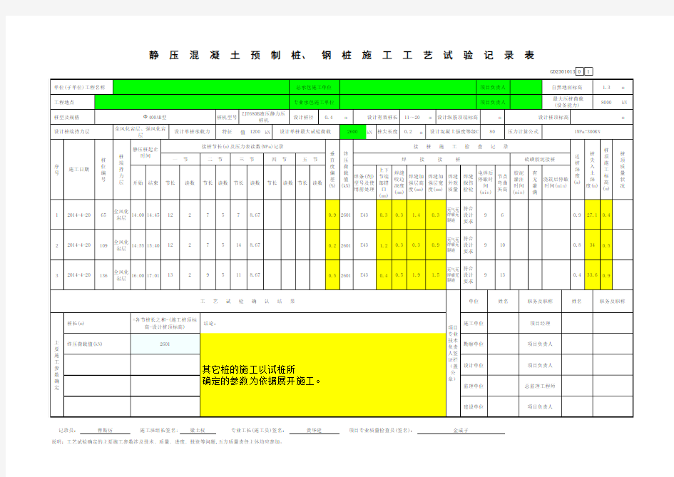 (广东)静压混凝土预制桩、钢桩桩施工工艺试验记录表