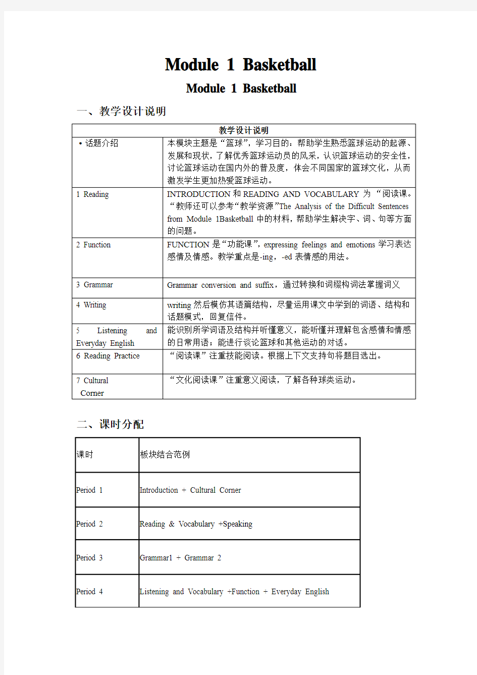 外研版选修七Module1《Basketball》word教案