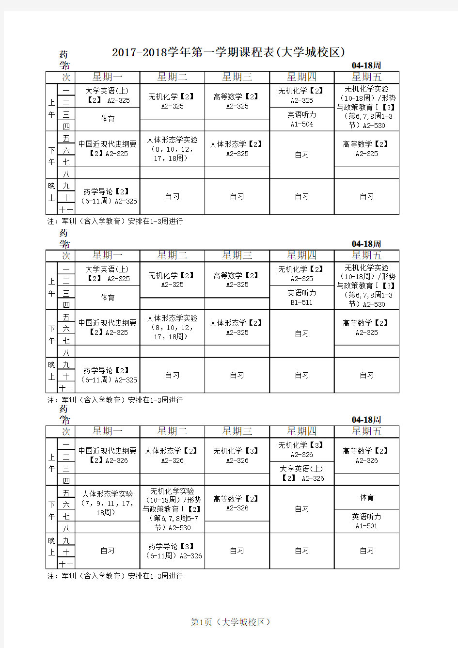 广东药科大学-2017-2018学年第一学期课程表