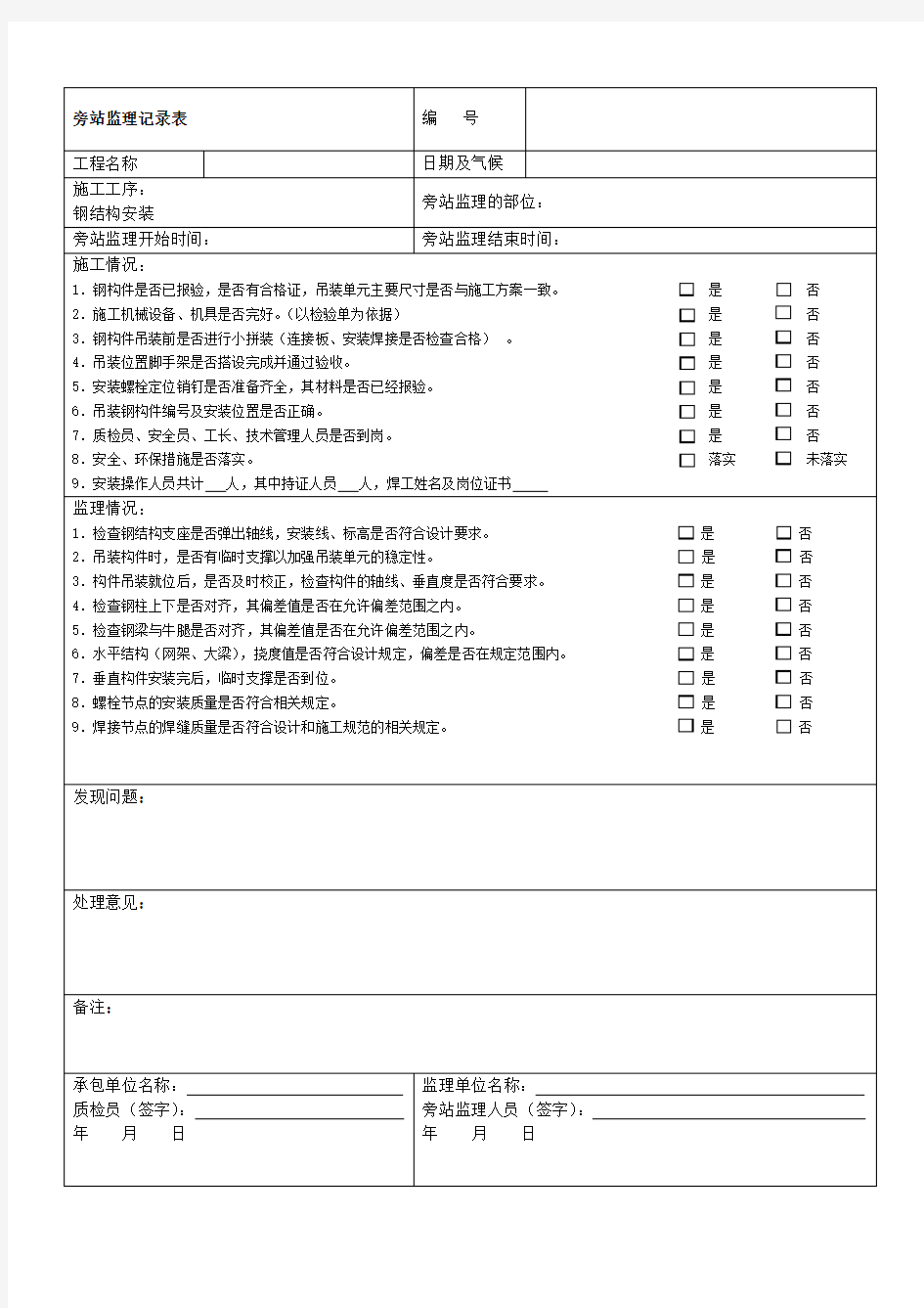 旁站监理记录表 新版 