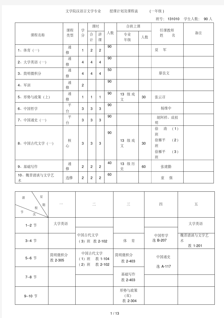 文学院汉语言文学专业授课计划及课程表(一年级)
