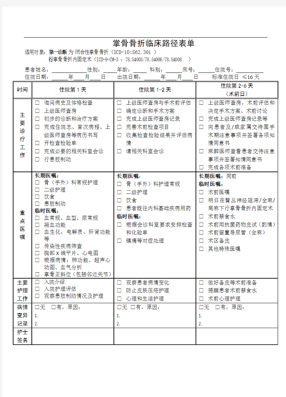 临床路径表单,患者版临床路径告知单(掌骨骨折)