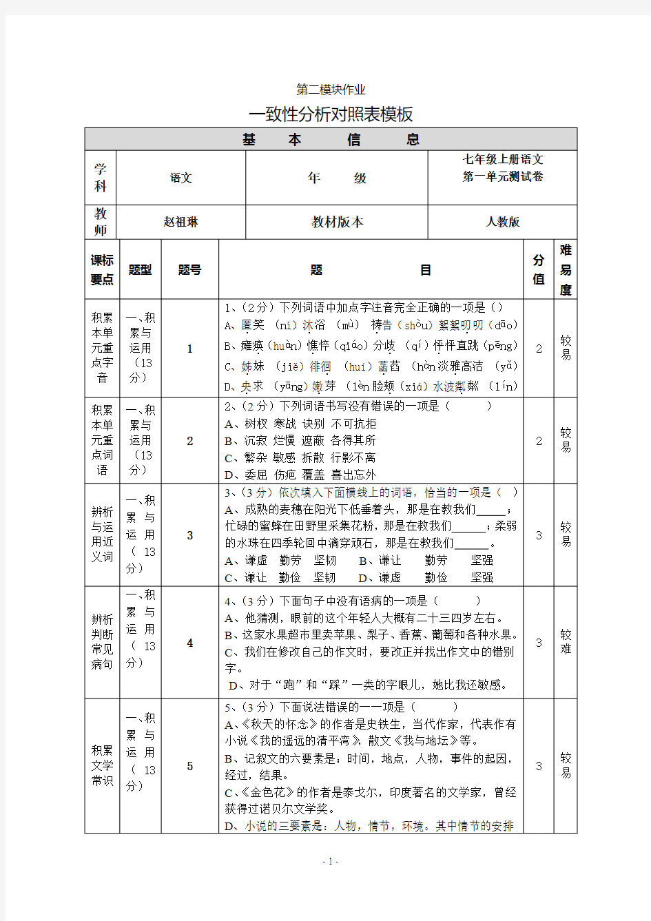 一致性分析对照表模板