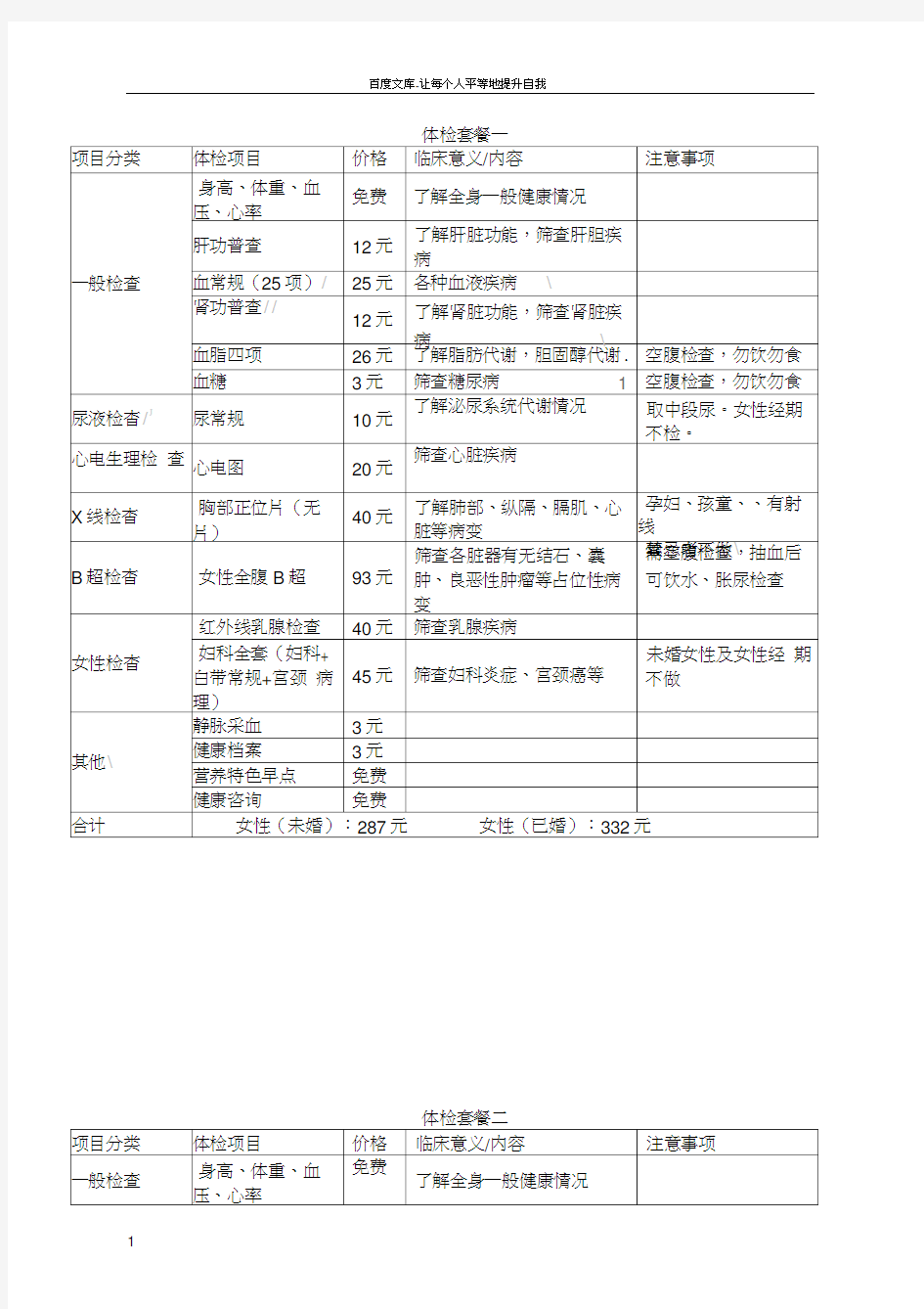 女性健康体检套餐