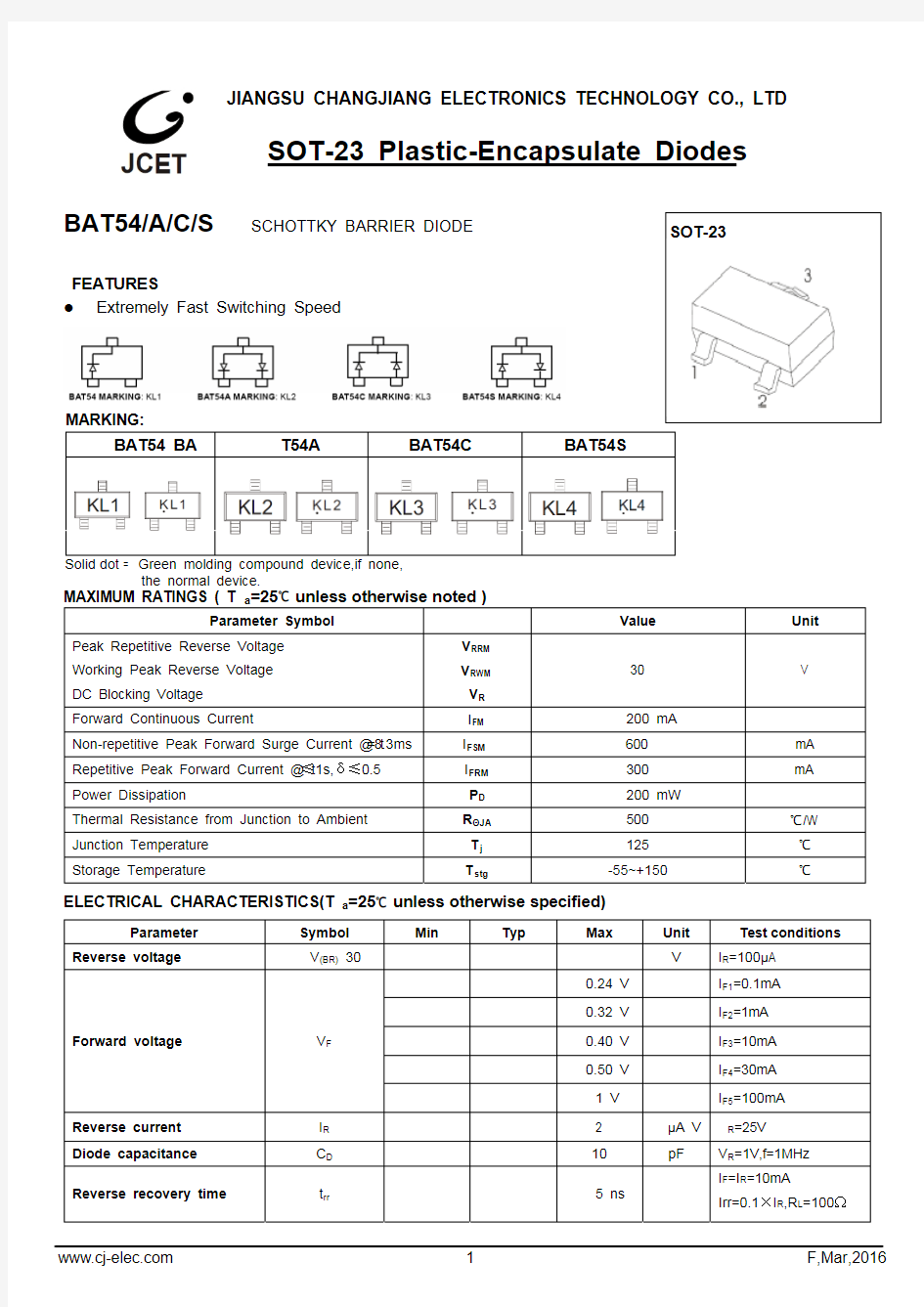 贴片肖特基二极管 BAT54A SOT-23 规格书推荐