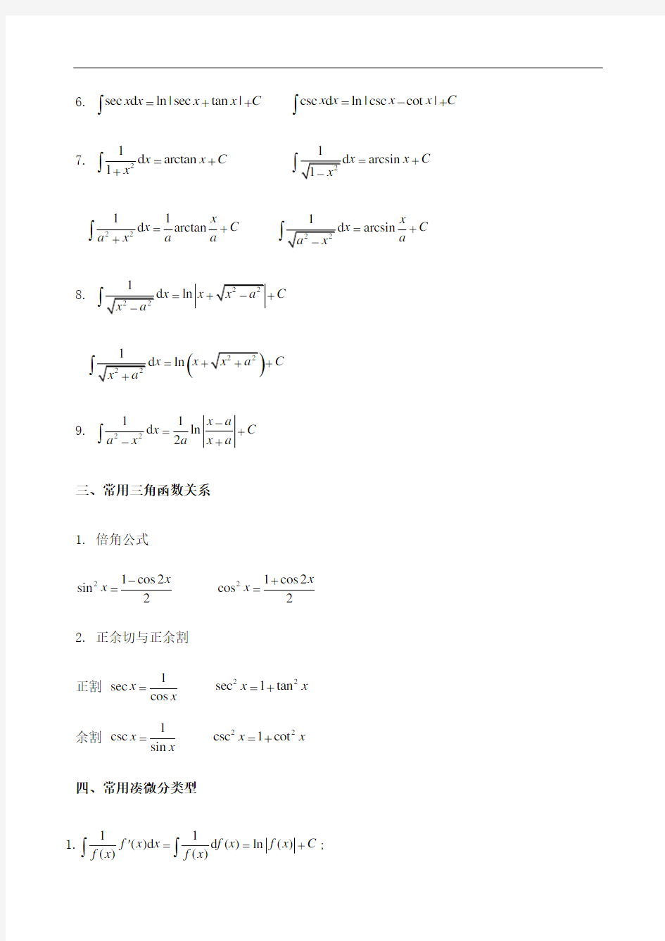 常用求导积分公式及不定积分基本方法