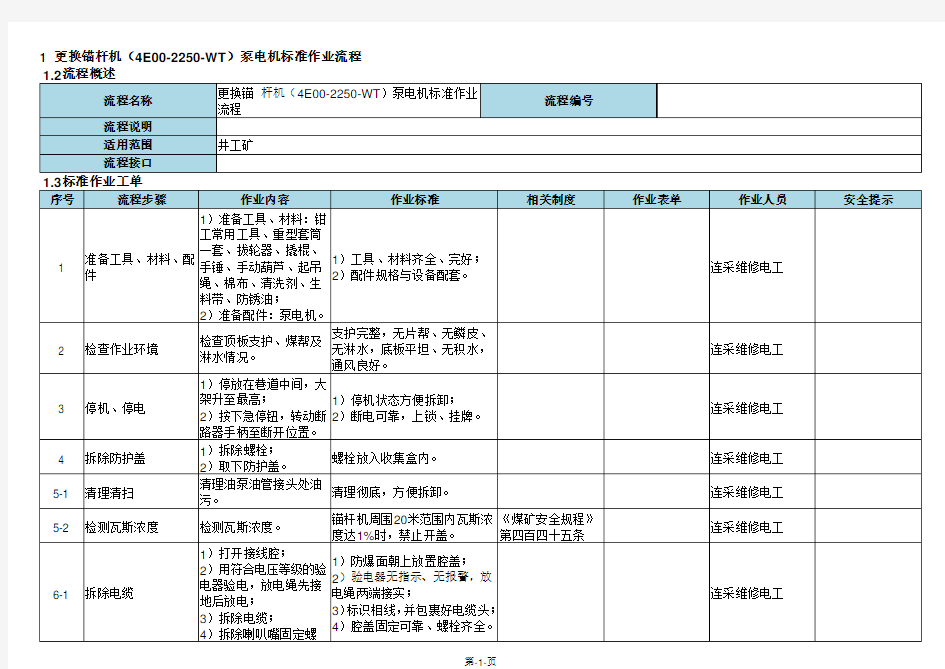 更换锚杆机(4E00-2250-WT)泵电机标准作业流程