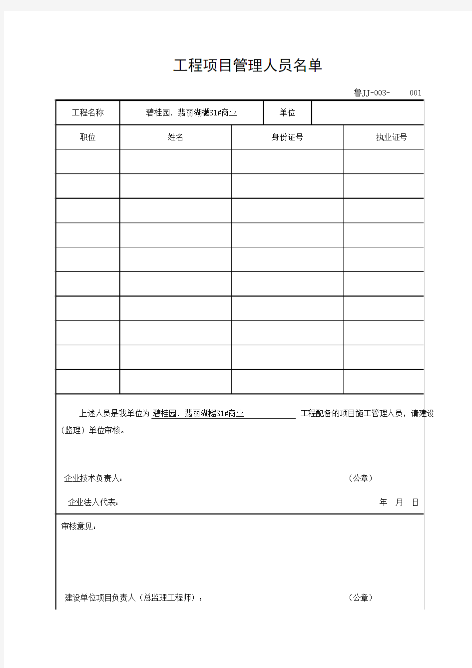 工程项目管理人员名单