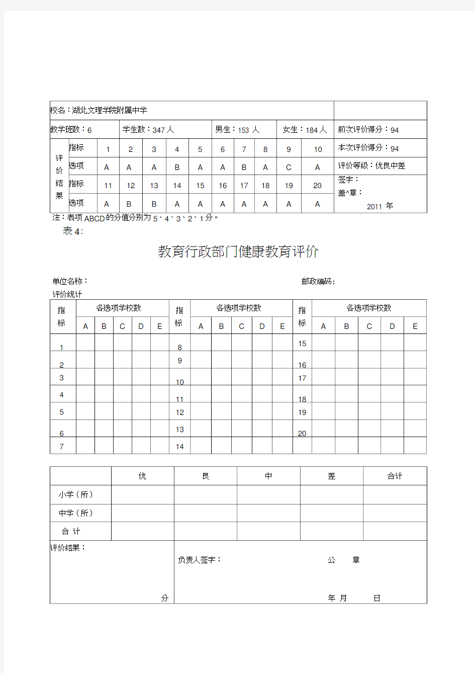 学校健康教育评价记录表2012