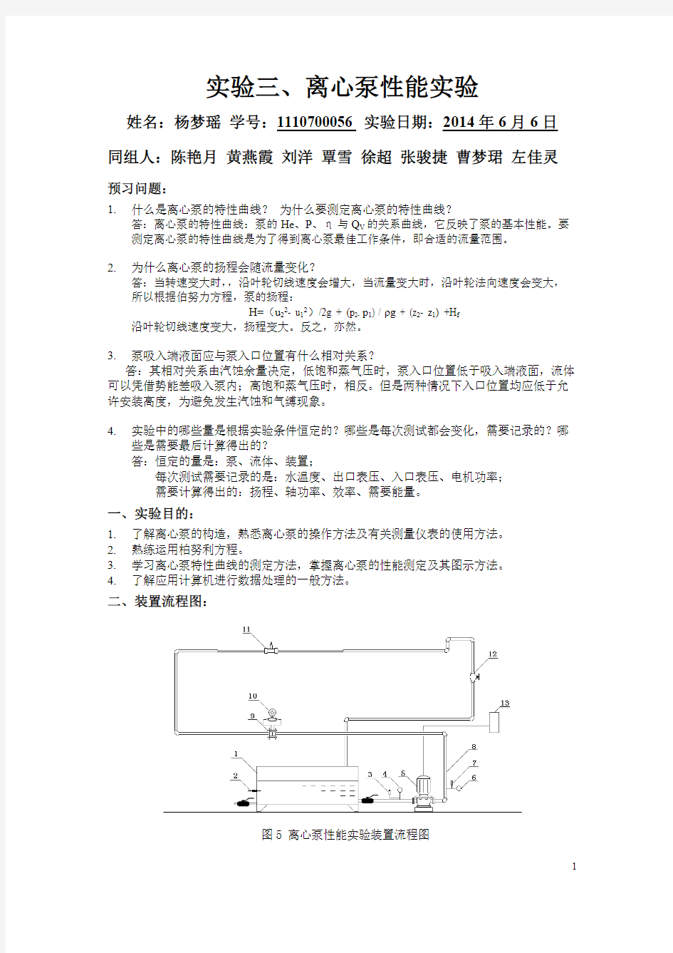 【免费下载】离心泵性能实验报告带数据处理