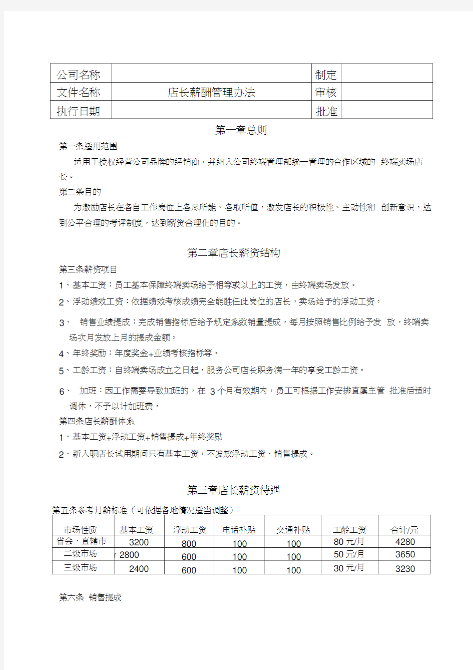 店长薪酬管理模板