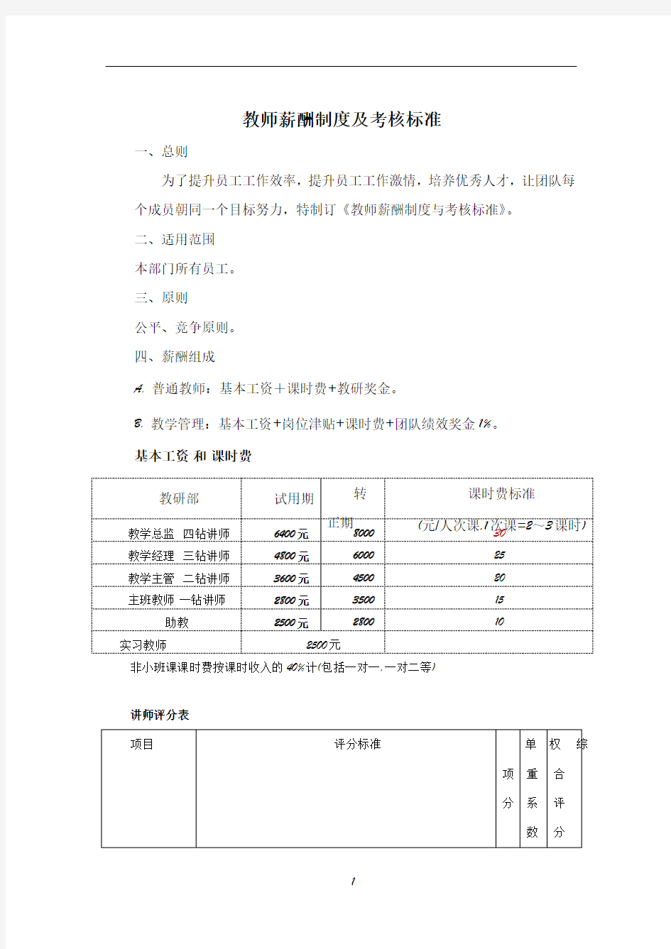 教师薪酬制度及考核标准