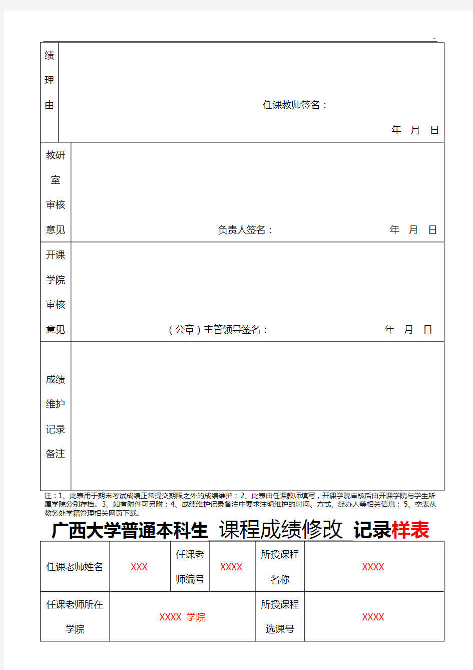 广西大学普通本科生课程成绩修改资料收集表