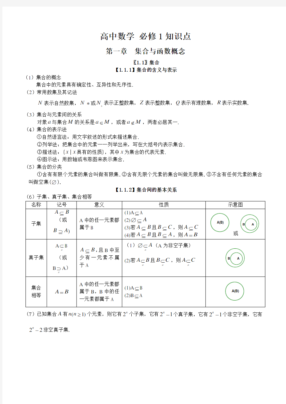 高中数学必修一最全知识点汇总