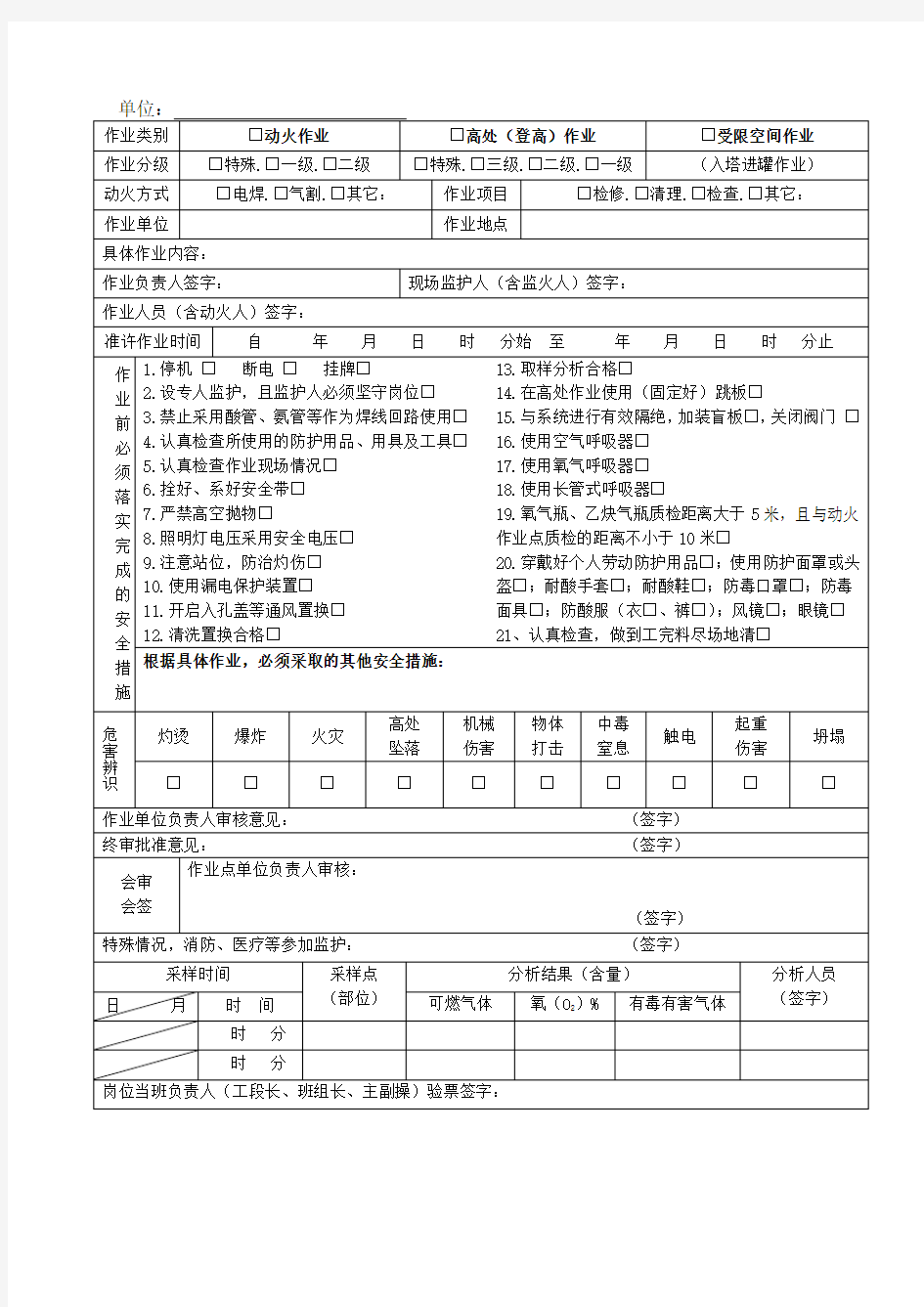 动火、登高、受限空间作业安全许可证