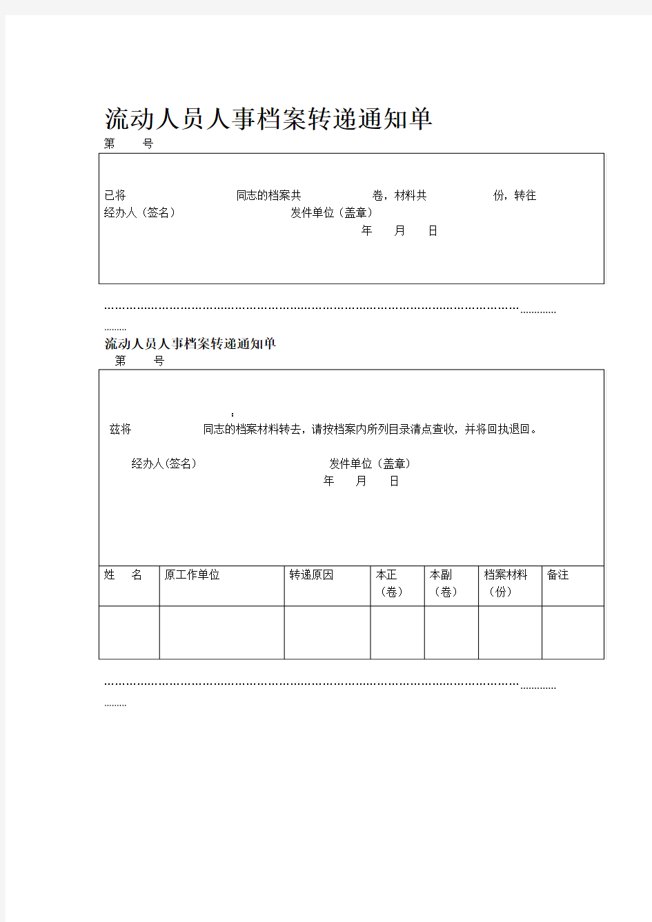 流动人员人事档案转递通知单