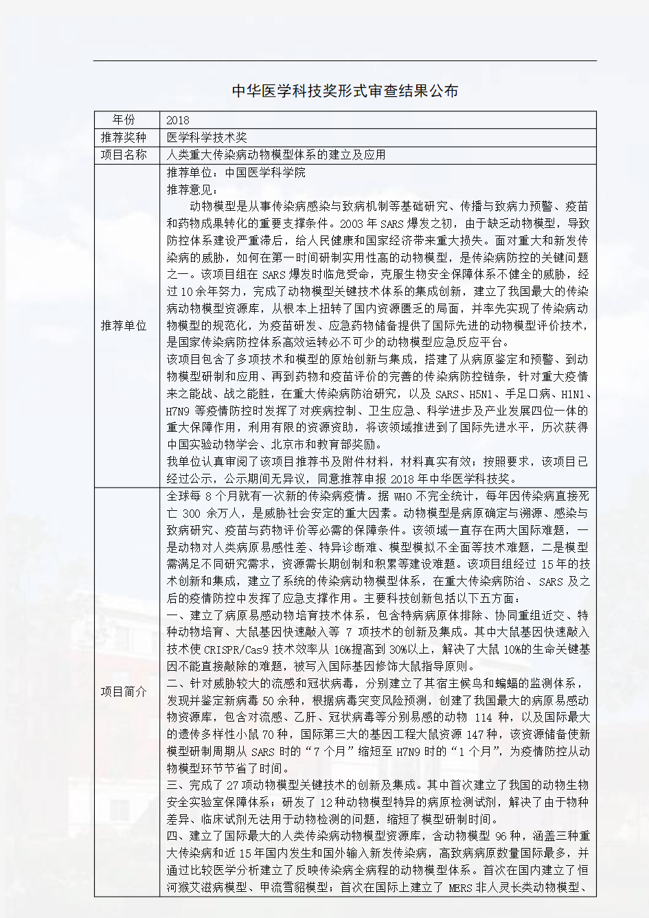 人类重大传染病动物模型体系的建立及应用-中华医学会