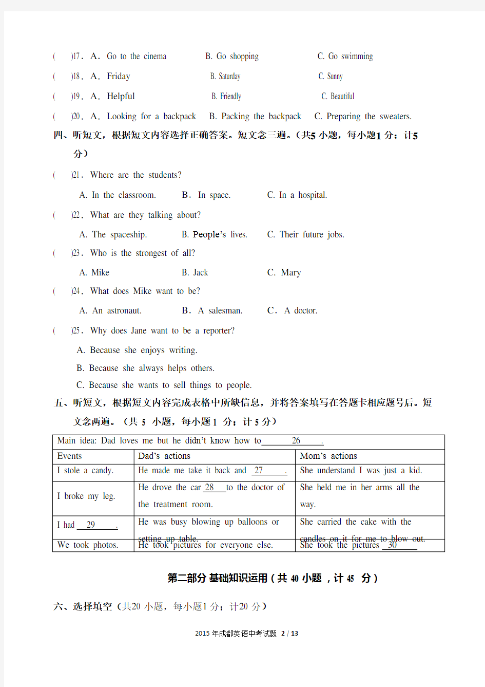 2015年四川省成都市中考英语试题及答案