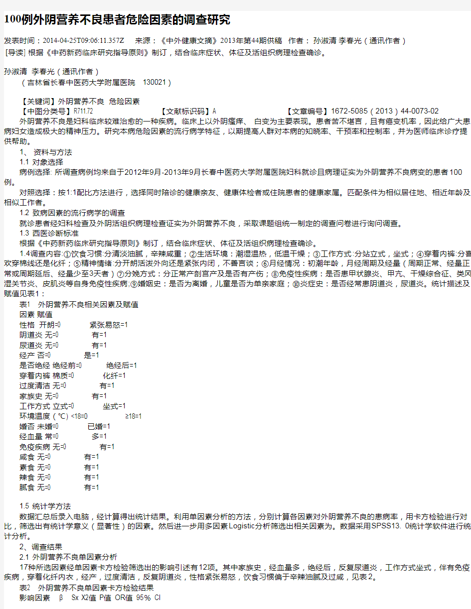 100例外阴营养不良患者危险因素的调查研究