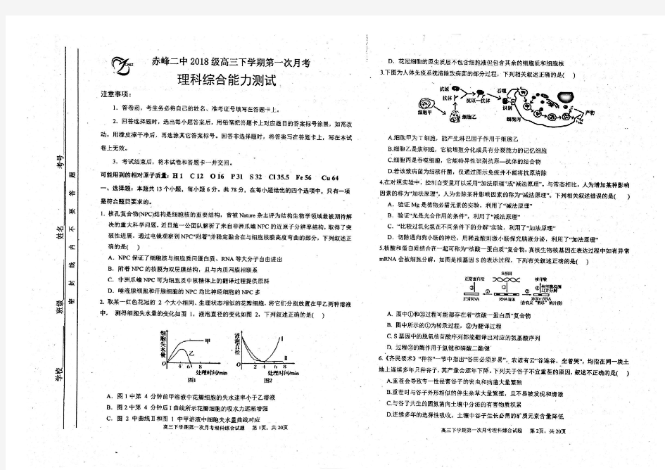 赤峰二中2018级高三下学期第一次月考理综及答案