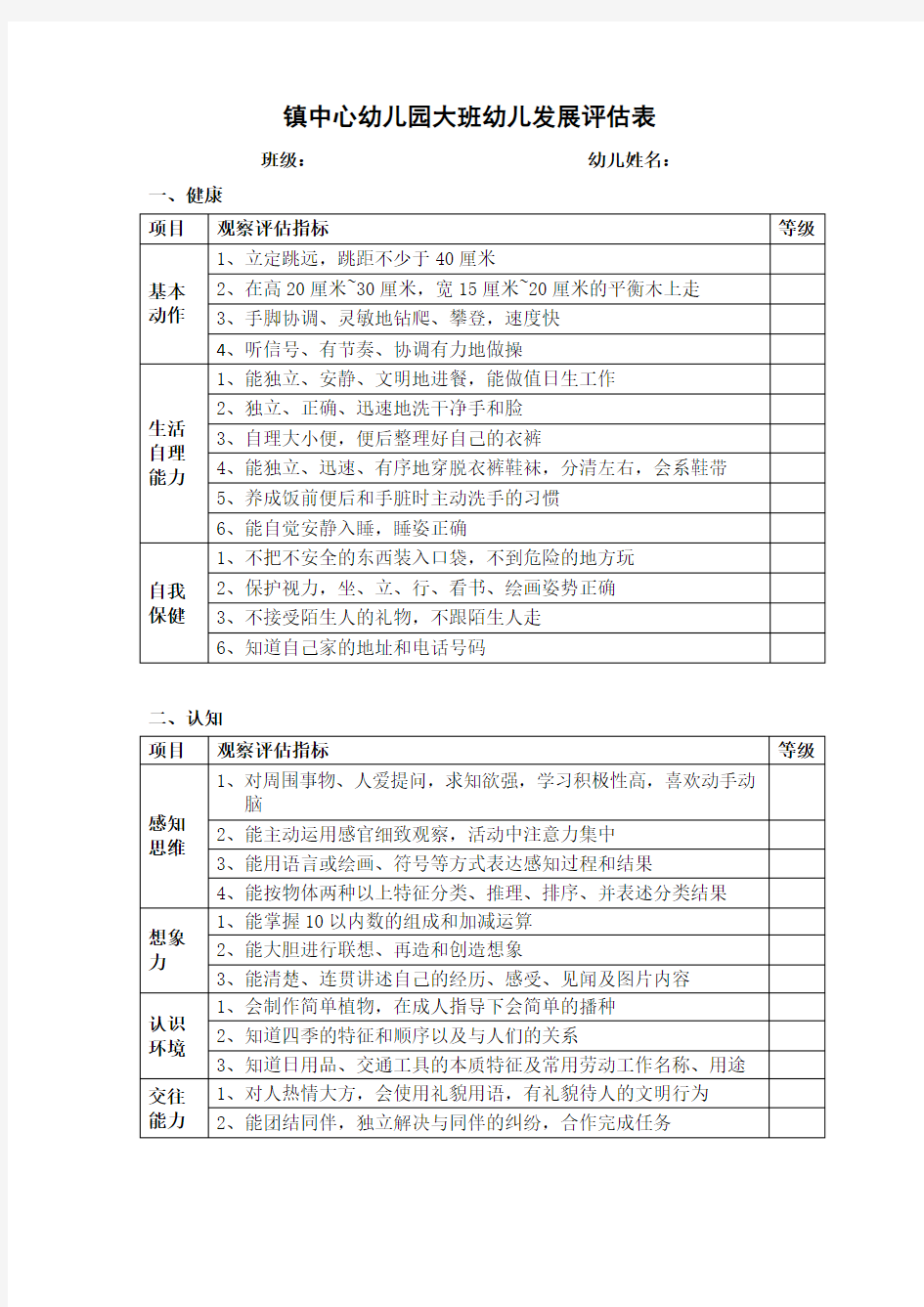 幼儿园大、中、小班幼儿发展评估表