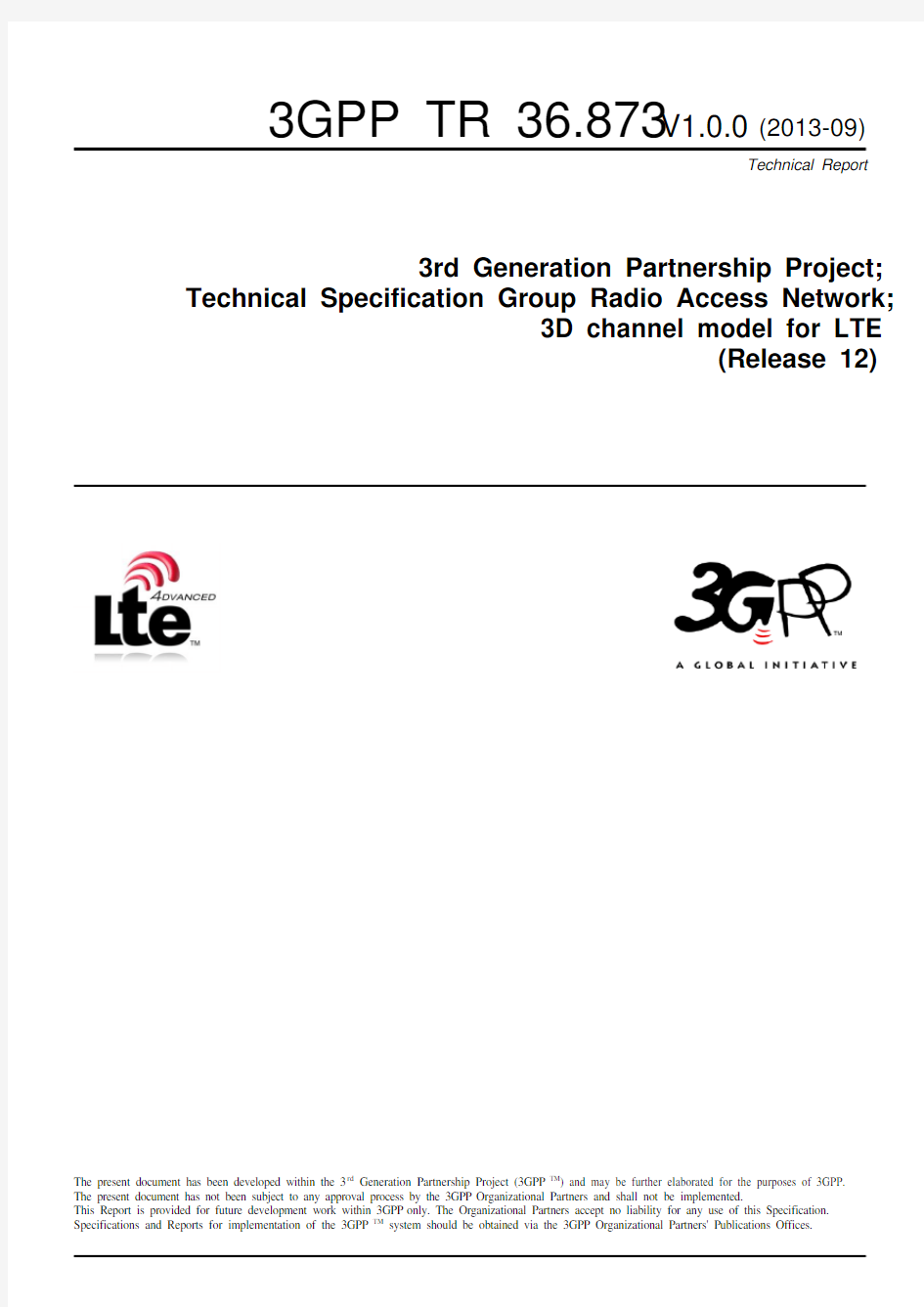 TR36.873 v1.0.0 3D channel model for LTE