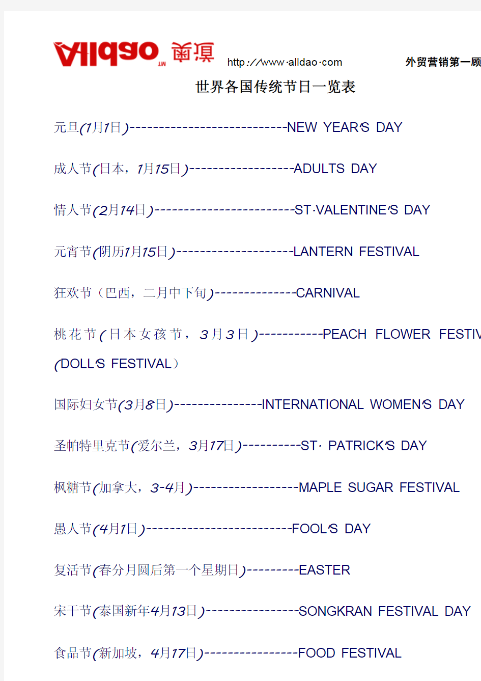 世界各国传统节日一览表