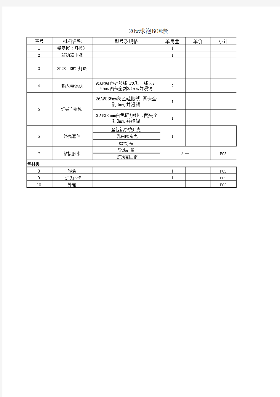 LED球泡灯BOM表