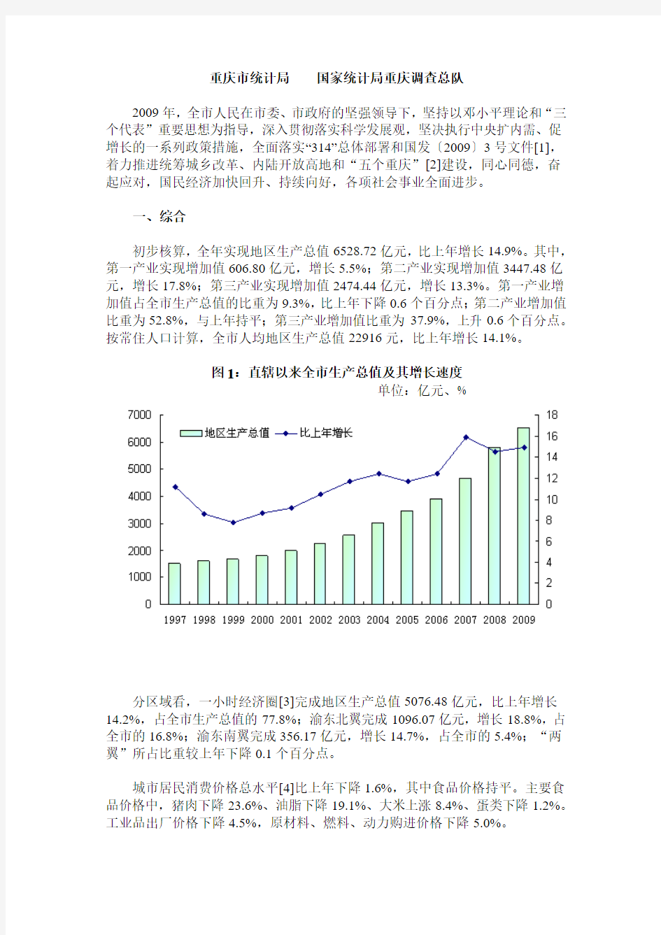 2009年重庆市国民经济和社会发展统计公报