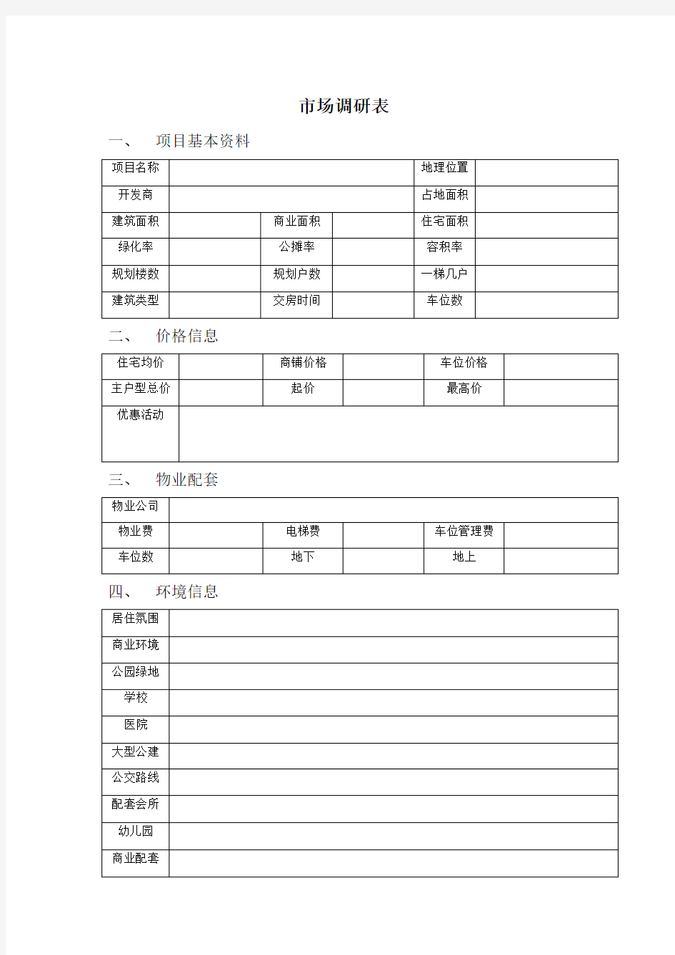 房地产市场调研表_表格范本