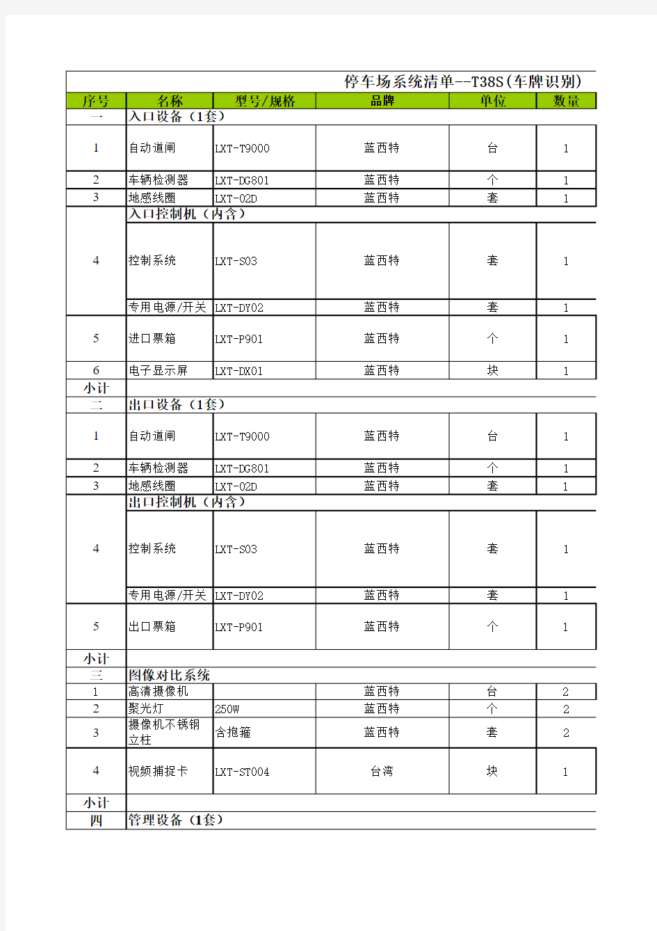 停车场系统报价清单