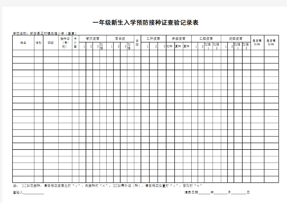 入学预防接种证查验记录表