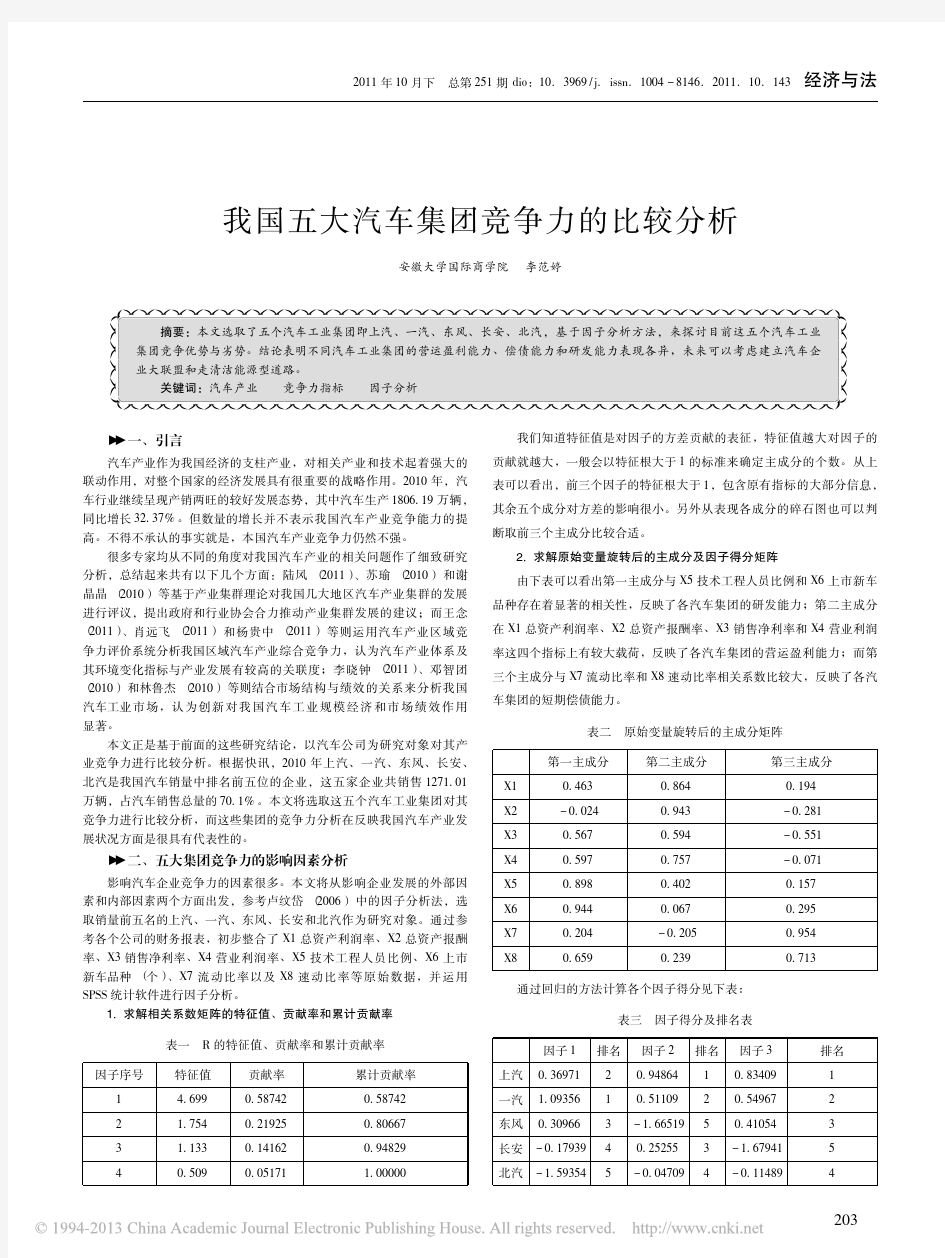 我国五大汽车集团竞争力的比较分析