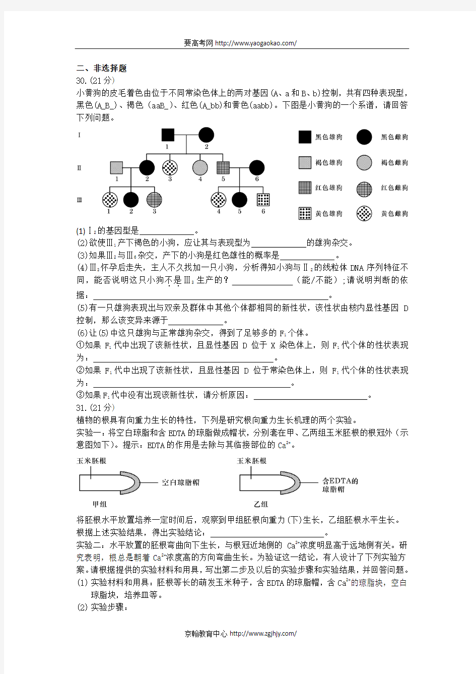 2006年四川高考生物试题及答案