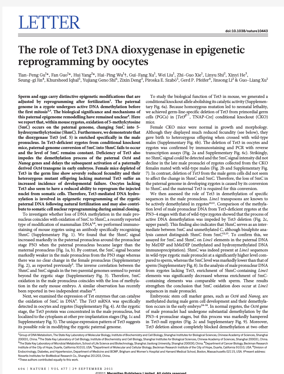 iPS-李劲松The role of Tet3 DNA dioxygenase in epigenetic reprogramming by oocytes