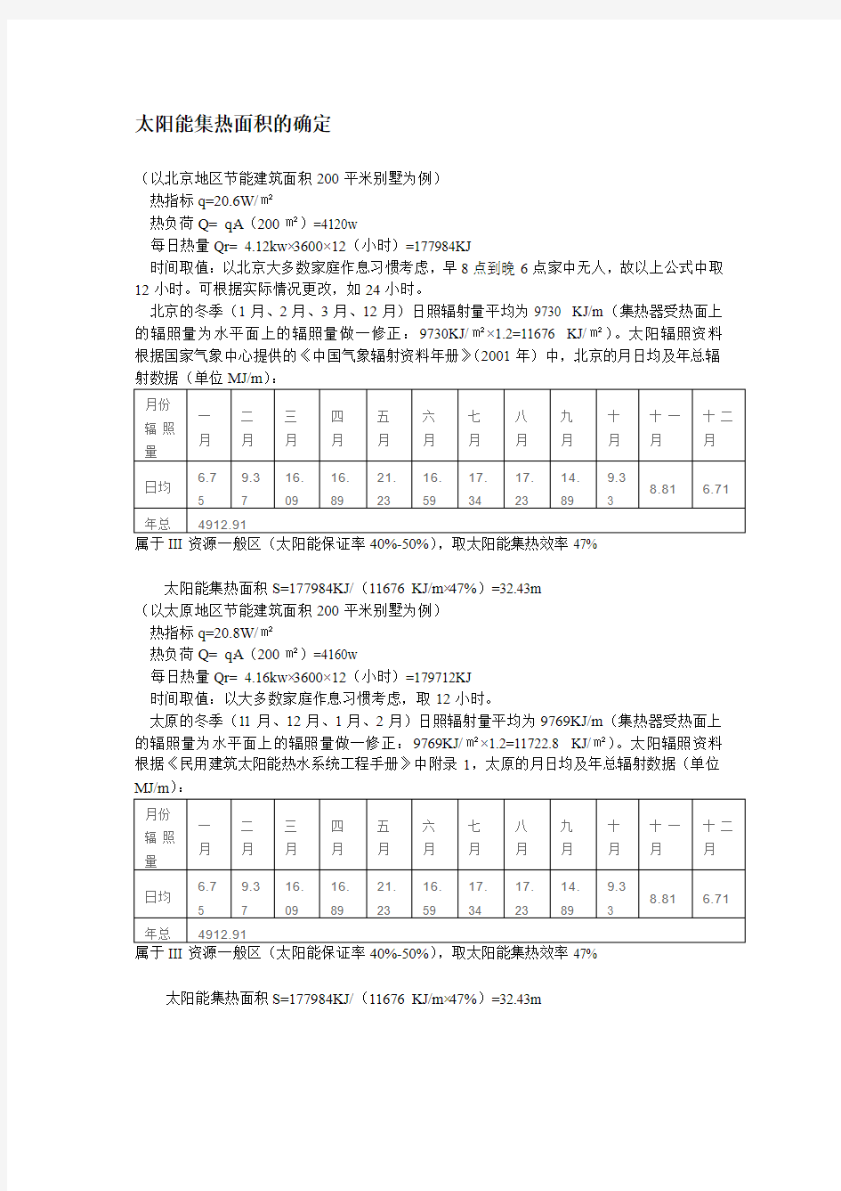 太阳能集热面积的确定