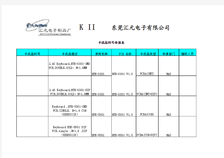 半成品料号申请表