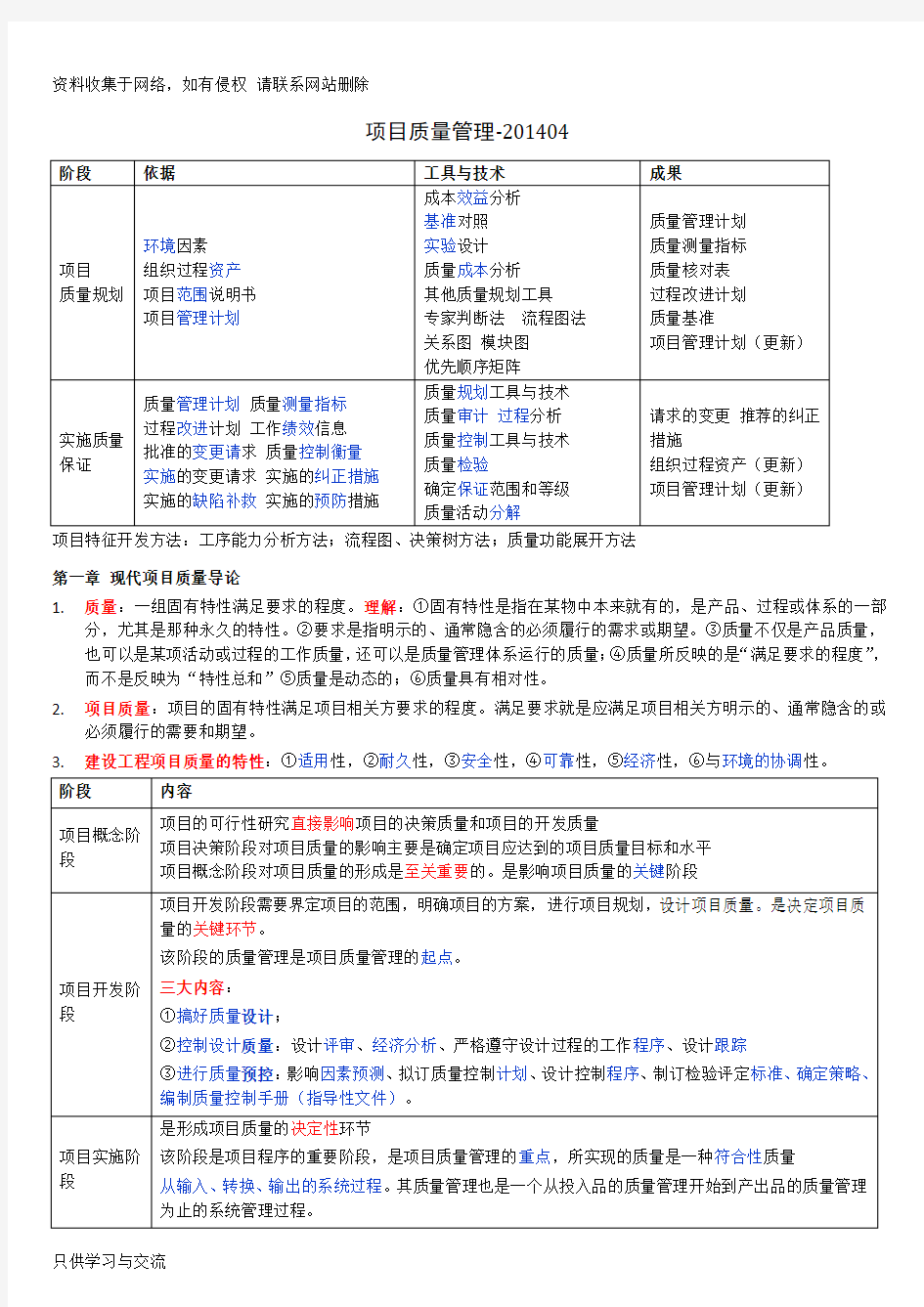 自考本科-《项目管理》：《项目质量管理》笔记整理