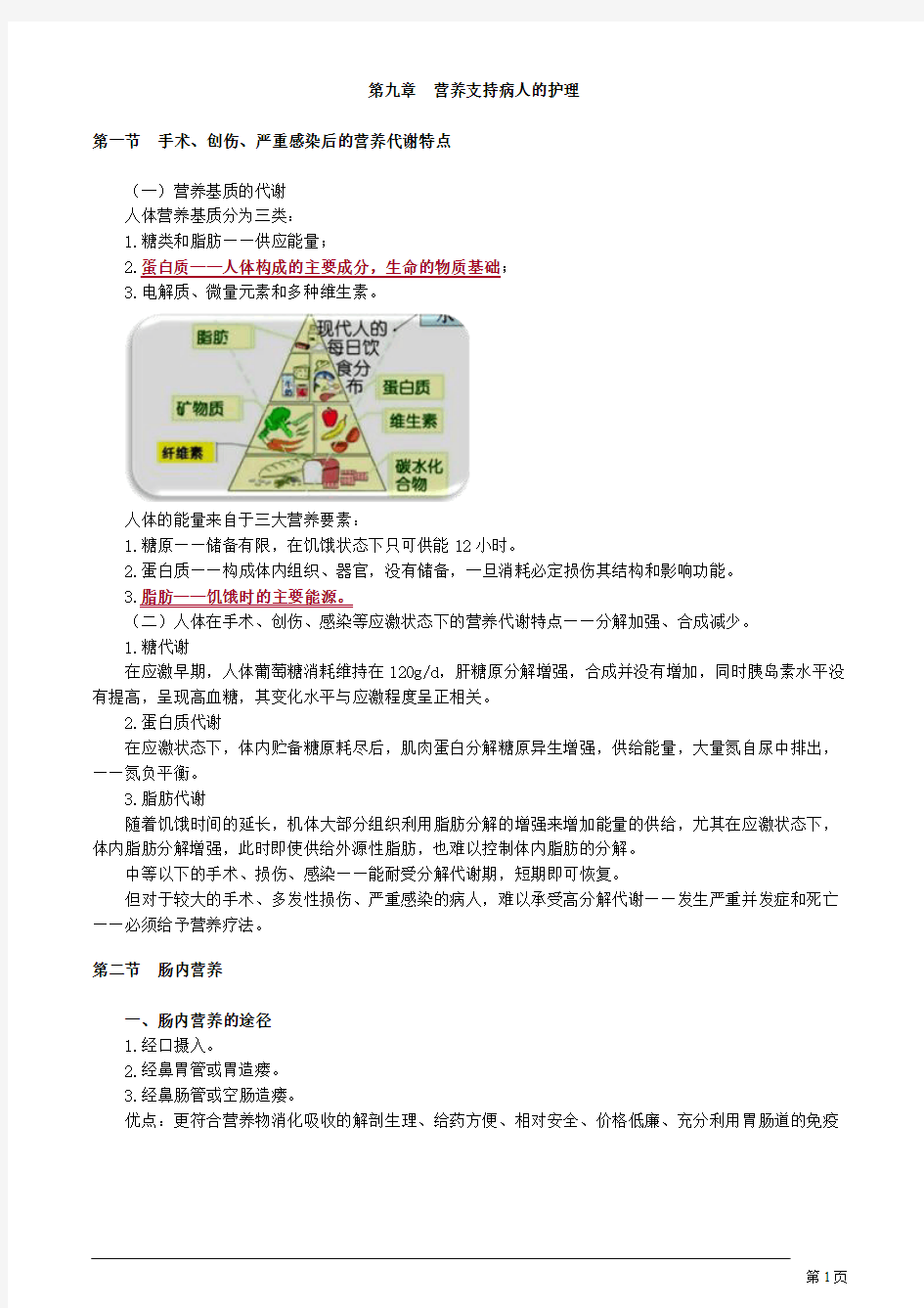 主管护师 外科护理学  第九章 营养支持病人的护理