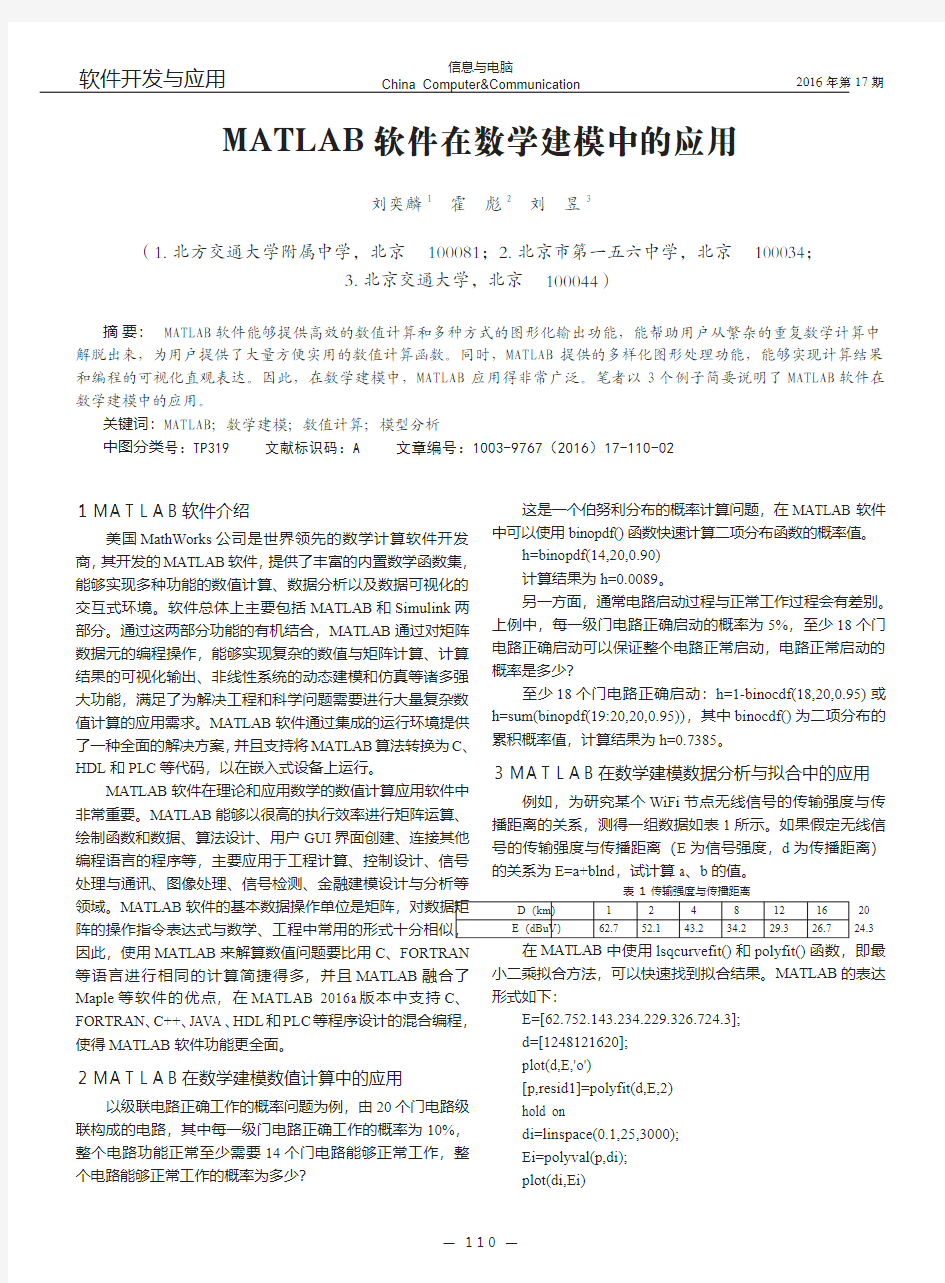 MATLAB软件在数学建模中的应用_刘奕麟