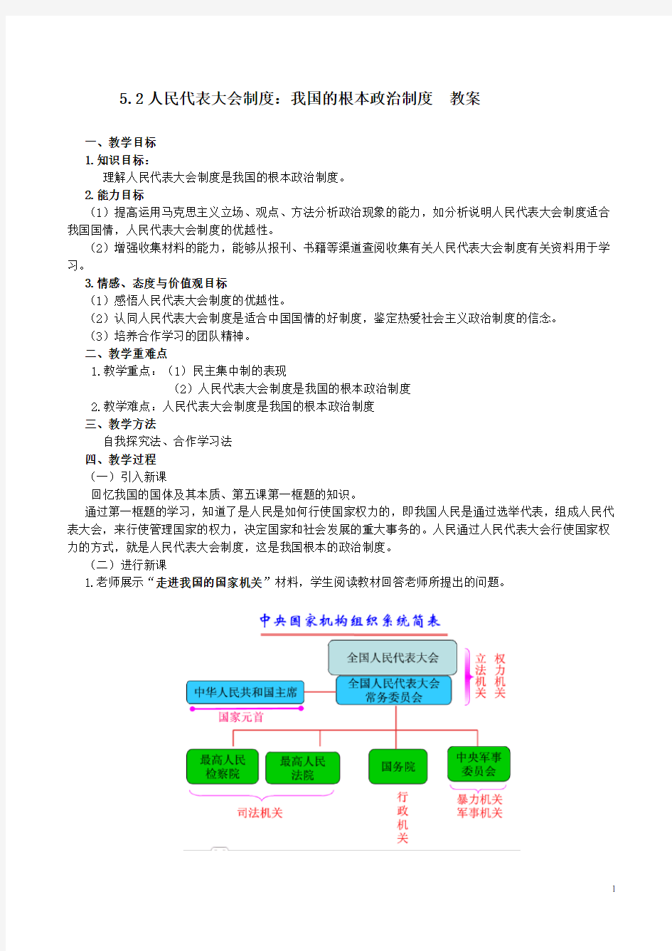 2018高中政治：人民代表大会制度教案教学设计