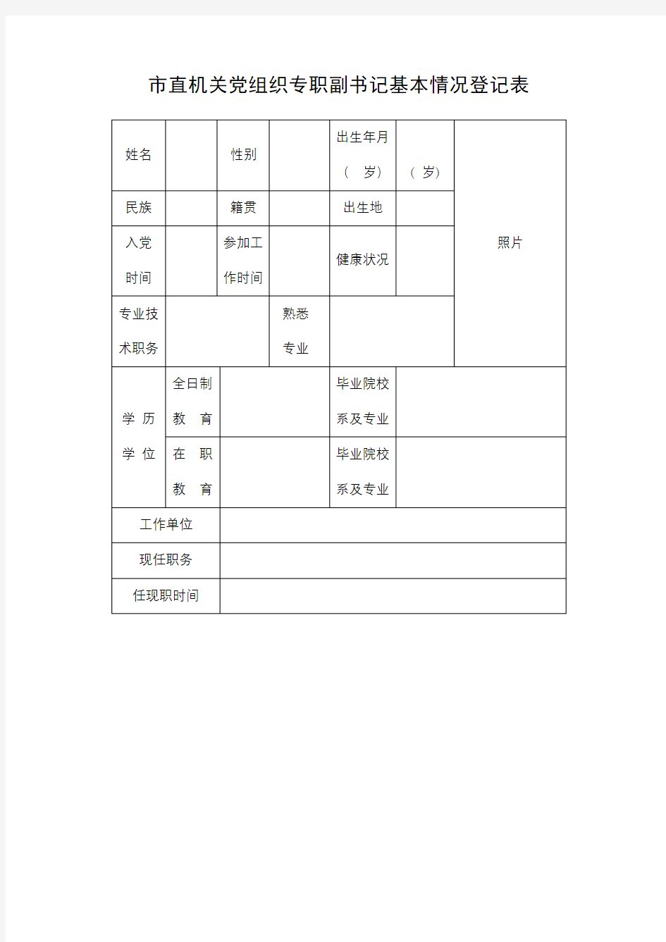 市直机关党组织专职副书记基本情况登记表【模板】