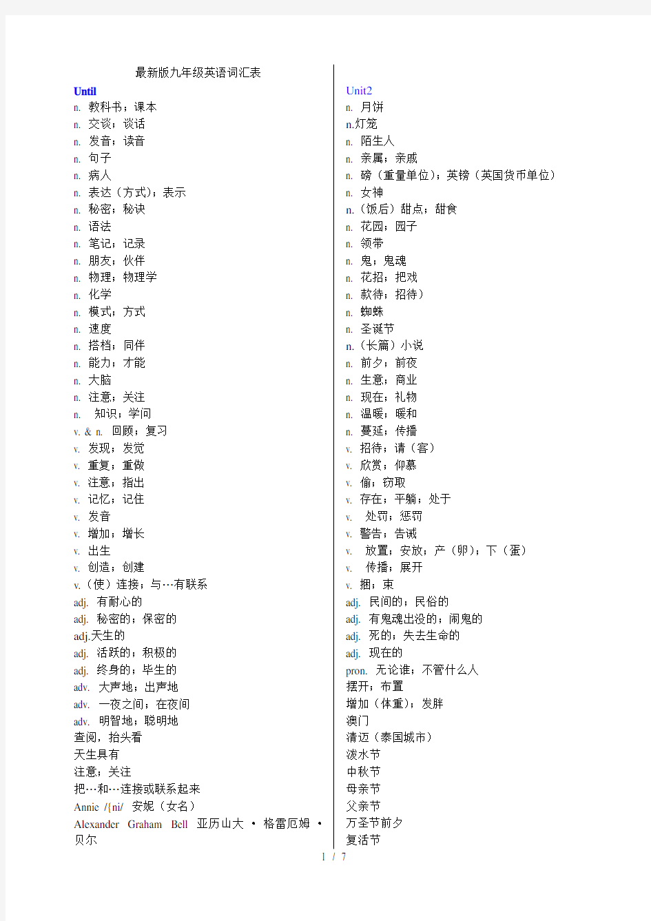 最新人教版九年级英语单词表中文
